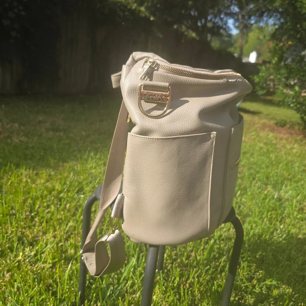 Fawn Design Original Diaper Bag Gray Vegan Leather Backpack Gold Hardware